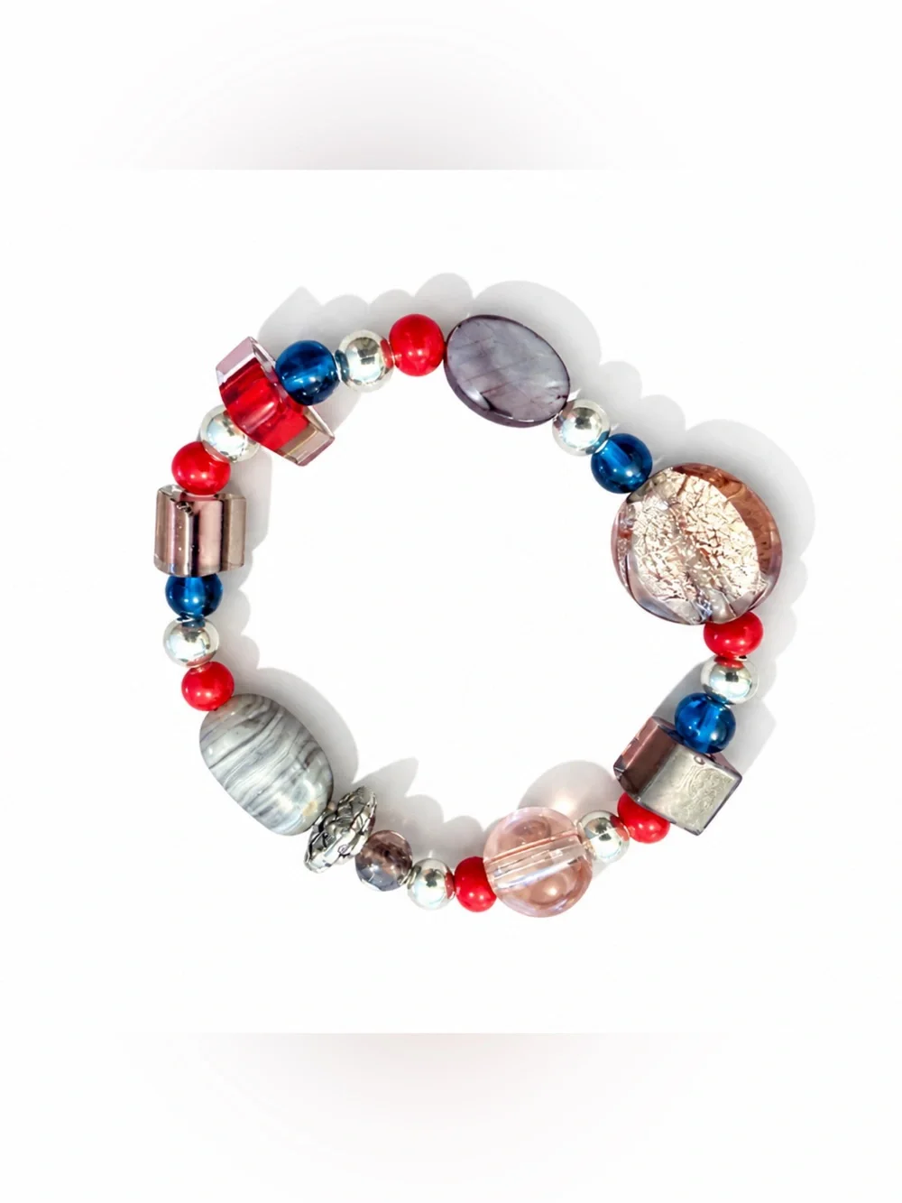 Handcrafted Multicolor Beaded Stretch Bracelet - Red, Blue & Silver